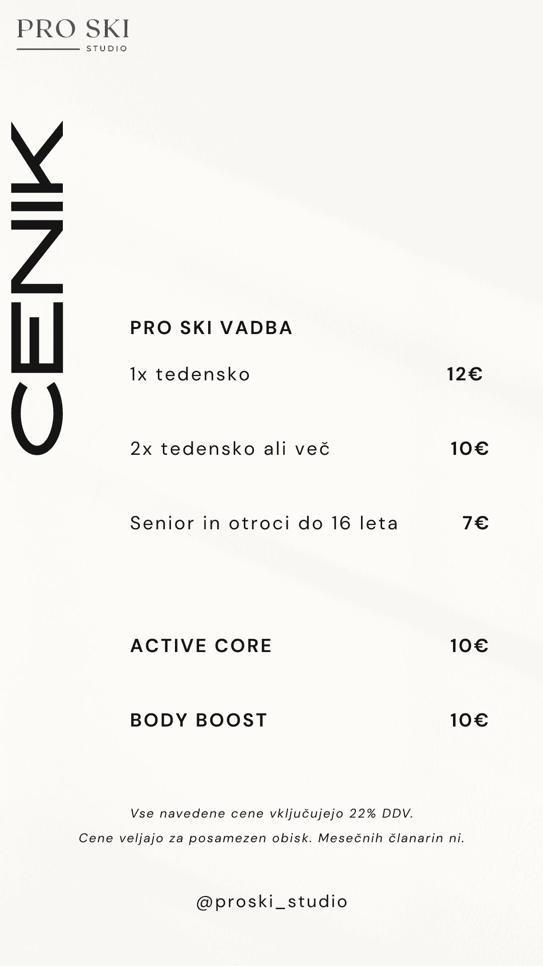 PRO SKI STUDIO cenik — cene vadb na obisk